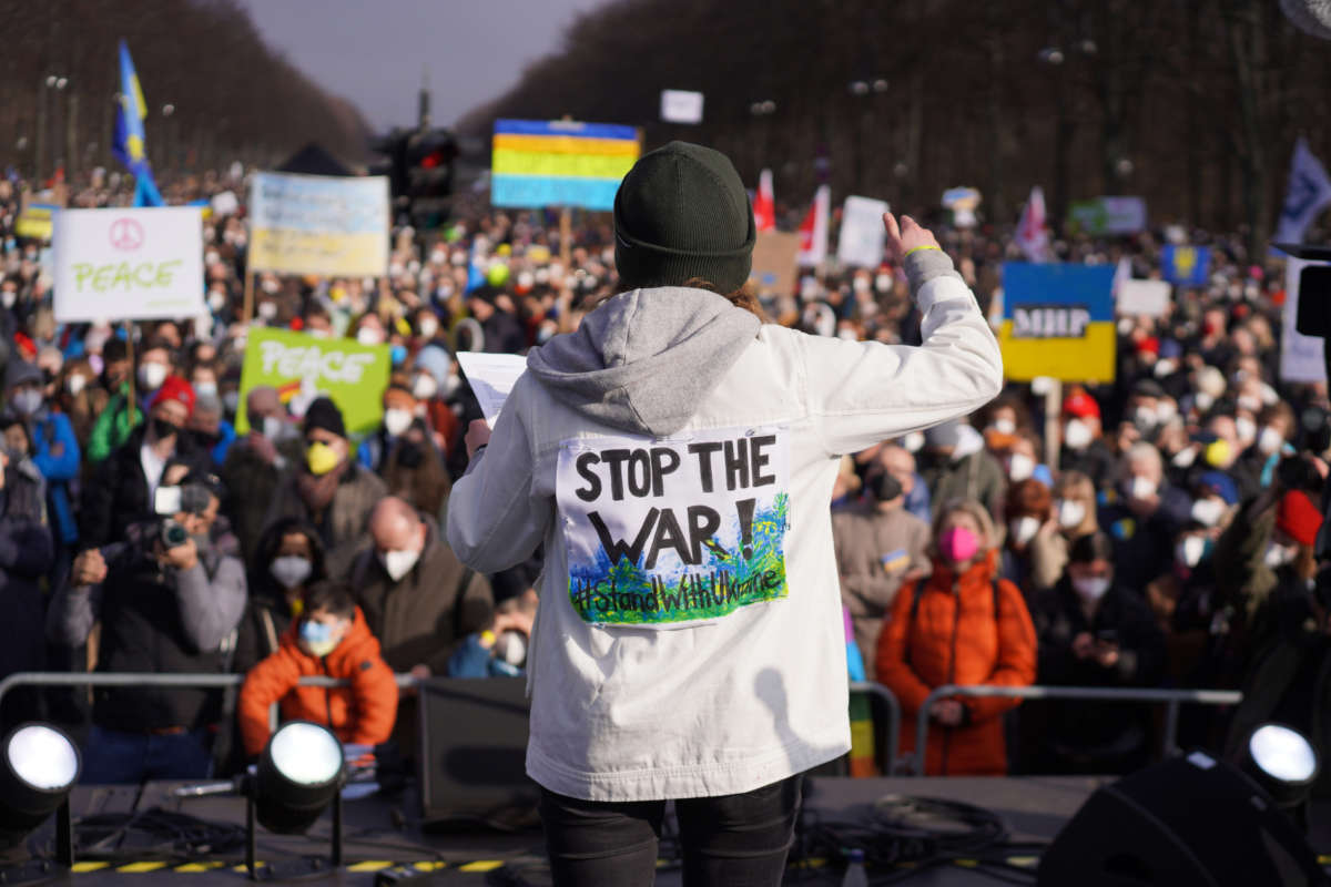 Climate activist Luisa Neubauer speaks at a demonstration under the slogan "Stop the war! Peace for Ukraine and all of Europe" in Berlin, Germany, on February 27, 2022.