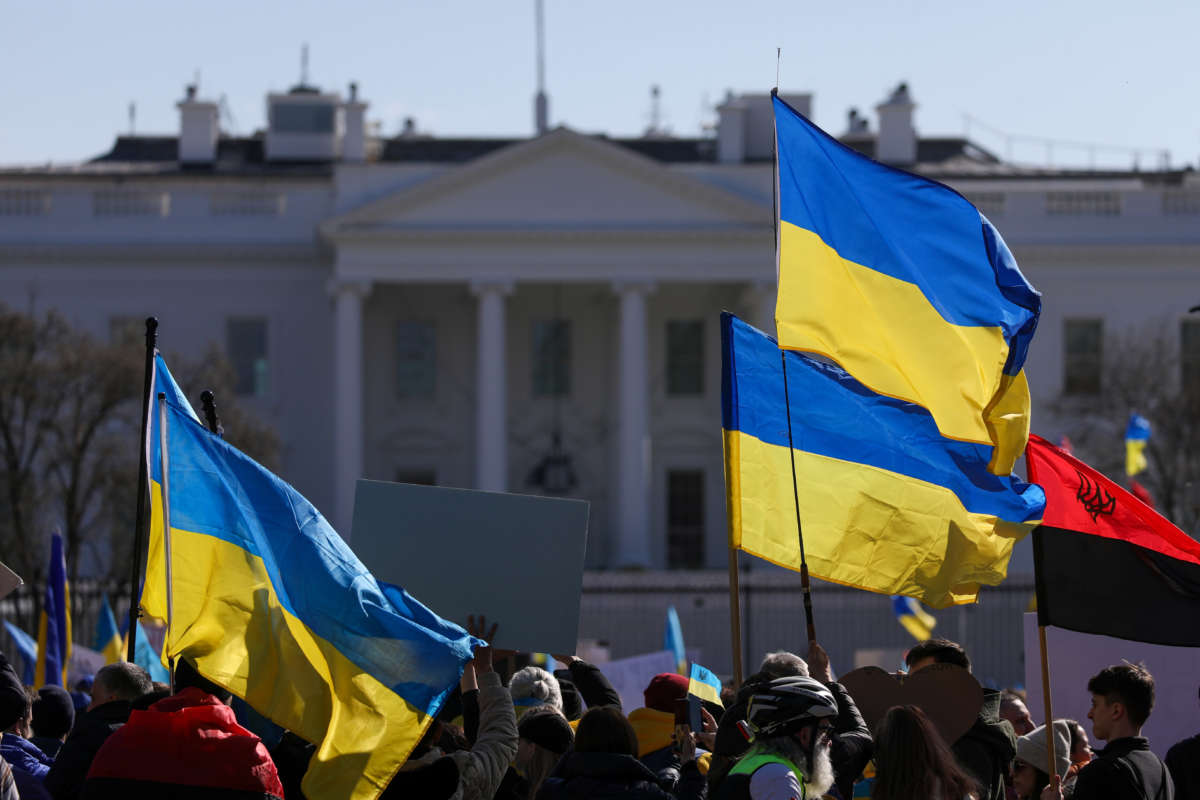 Ukrainians and supporters gather around the Lafayette Park in front of the White House in Washington, D.C., to stage a protest against Russia's attacks on Ukraine, on February 27, 2022.