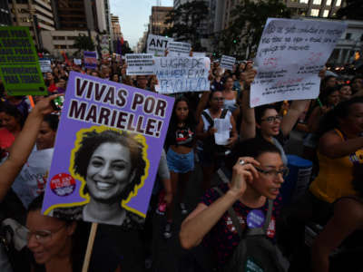Rio de Janeiro's councillor and activist Marielle Franco is remembered during a demonstration to mark International Women's Day in Sao Paulo, Brazil, on March 8, 2019.