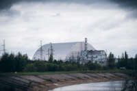 A giant protective dome covers the destroyed fourth reactor of the Chernobyl Nuclear Power Plant.