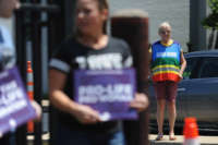 A Planned Parenthood clinic escort is seen during an anti-abortion rally outside the Planned Parenthood Reproductive Health Center on June 4, 2019, in St Louis, Missouri.