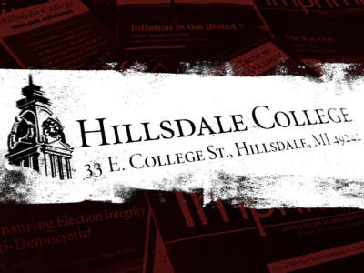 Hillsdale College logo over images of the college's newsletter, Imprimis