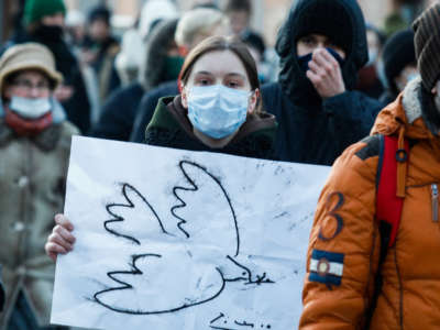 Participants of a rally in the center of St. Petersburg, Russia, protest against military actions on the territory of Ukraine on February 27, 2022.