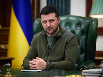 President of Ukraine Volodymyr Zelenskyy is pictured during his regular address to the nation in Kyiv, Ukraine, on March 11, 2022.