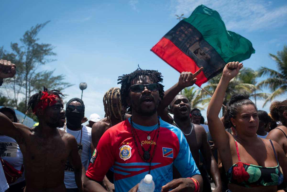 Protesters demonstrate in memory of the murder of 24-year-old Congolese Moïse Kabagambe and against violence against refugees from the Democratic Republic of Congo in Rio de Janeiro, Brazil, on February 5, 2022.