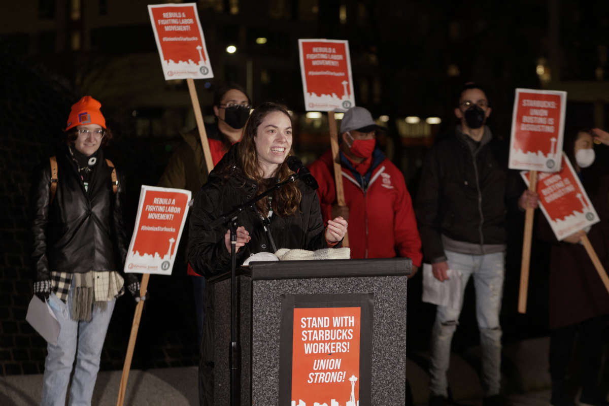 Starbucks Barista Casey Moore, part of the organizing committee in Buffalo, New York, speaks in support of workers at Seattle Starbucks locations that announced plans to unionize, during a rally at Cal Anderson Park in Seattle, Washington, on January 25, 2022.