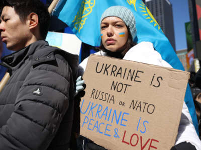 Hundreds of anti-war protesters are gathered at the Times Square in New York City, United States on February 26, 2022, to protest against Russian attacks on Ukraine.