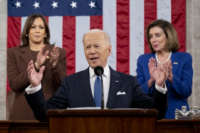 President Joe Biden delivers the State of the Union address as Vice President Kamala Harris and House Speaker Nancy Pelosi look on during a joint session of Congress in the U.S. Capitol House Chamber on March 1, 2022, in Washington, D.C.