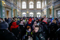 Ukrainian refugees arrive at the railway station in Przemyśl, Poland, on March 3, 2022.