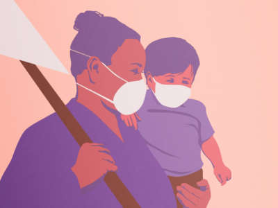 Mother holds a child, both wearing masks, also carrying protest sign - series image for The Struggle for Caregiving Equity