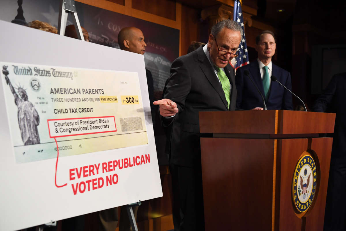 Sen. Chuck Schumer discusses the child tax credit during a press conference at Capitol Hill on July 15, 2021, in Washington, D.C.