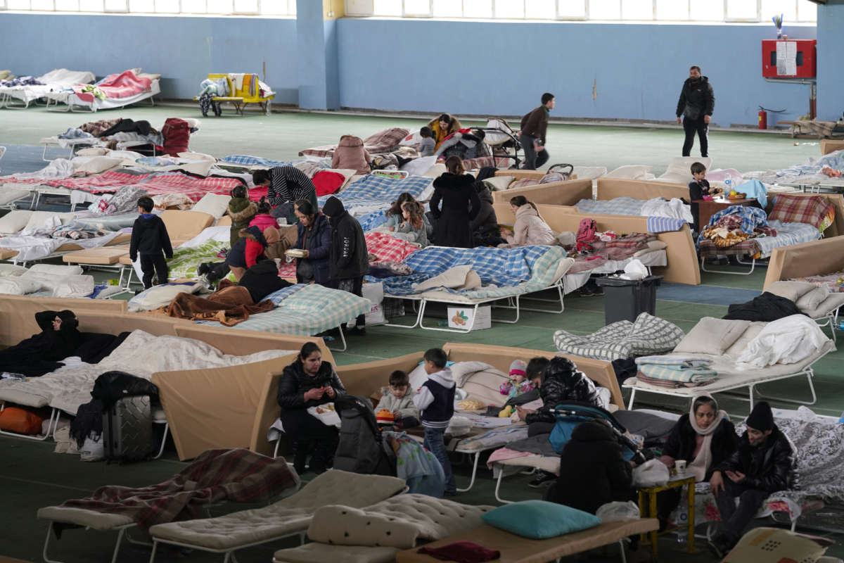 Ukrainian refugees seen in a shelter organized in Manej sports center, on March 13, 2022, in Chișinău, Moldova.