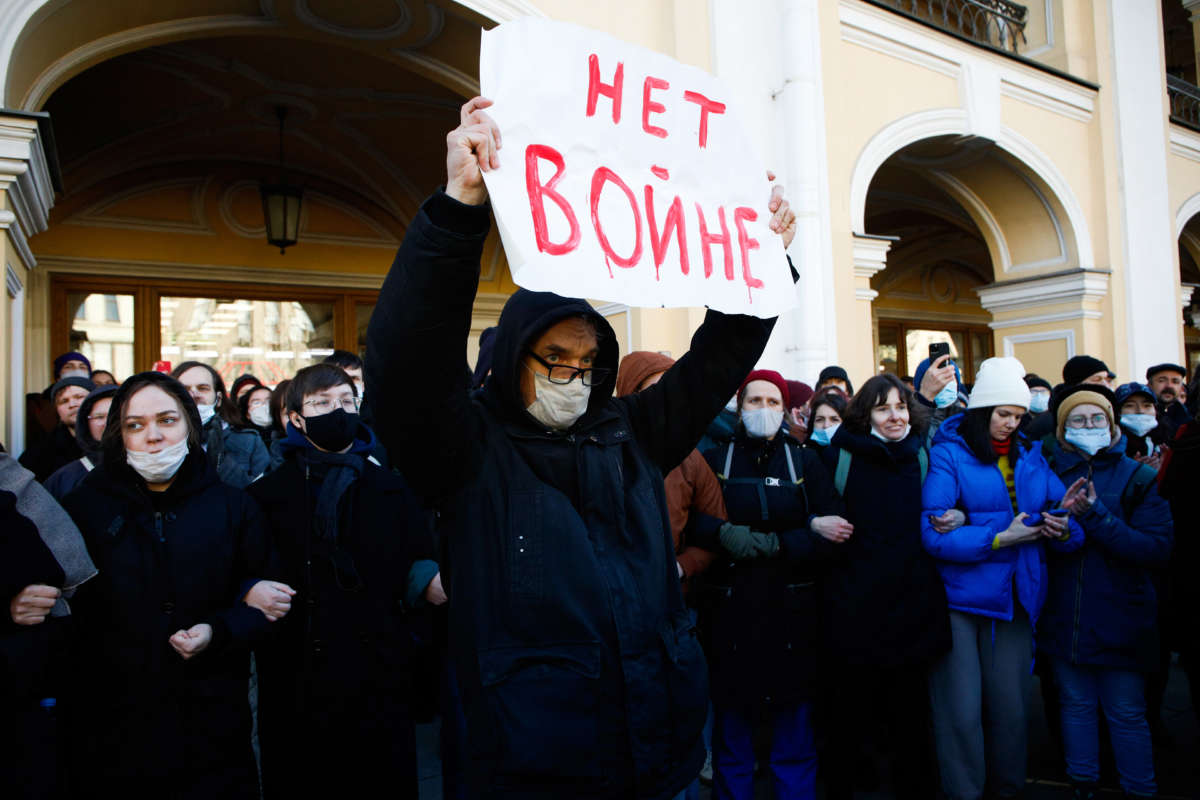 Demonstrators rally against military actions in Ukraine, in St. Petersburg, Russia, on February 27, 2022.