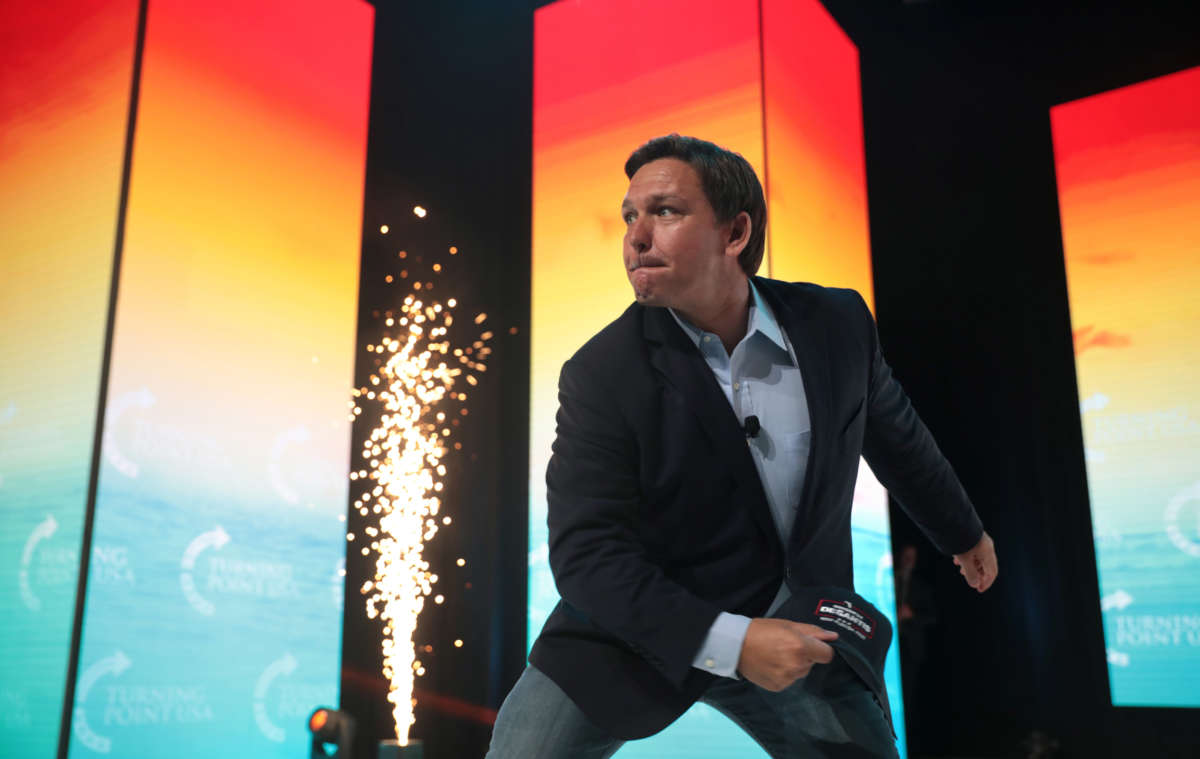Gov. Ron DeSantis speaks with attendees at the 2021 Student Action Summit hosted by Turning Point USA at the Tampa Convention Center in Tampa, Florida, on July 18, 2021.