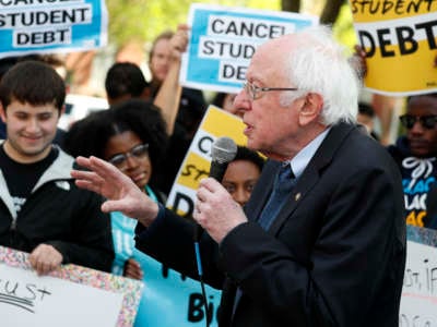 Sen. Bernie Sanders joins student debtors to once again call on President Biden to cancel student debt at an early morning action outside the White House on April 27, 2022, in Washington, D.C.