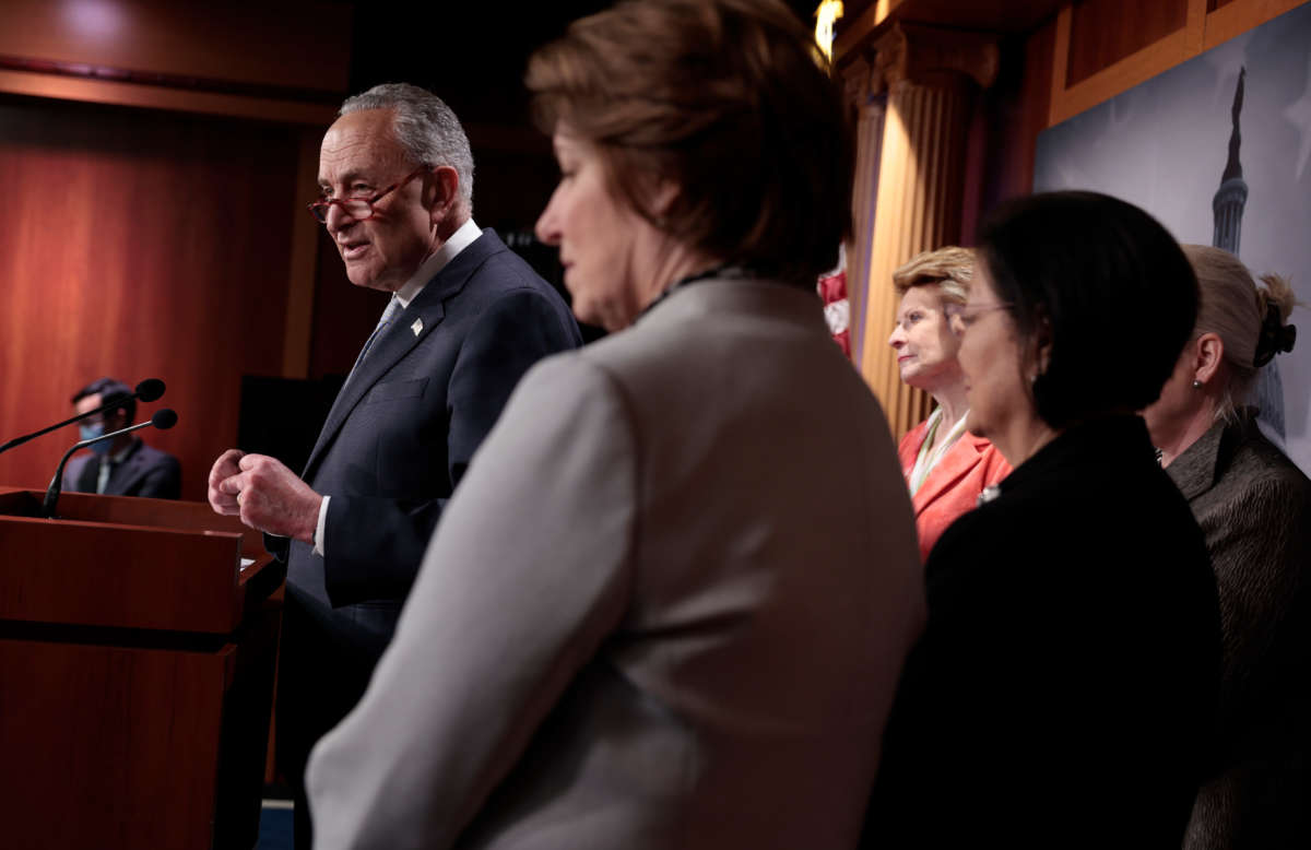 Senate Majority Leader Chuck Schumer speaks at a news conference on the U.S. Senate’s upcoming procedural vote to codify Roe v. Wade at the U.S. Capitol Building on May 5, 2022, in Washington, D.C.