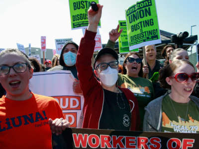 Amazon and union workers attend rally outside the company building on April 24, 2022, in the Staten Island borough of New York City.