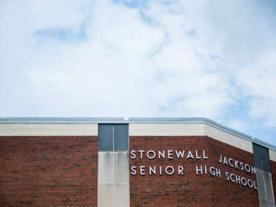 The front entrance to Stonewall Jackson High School on July 17, 2015, in Manassas, Virginia.