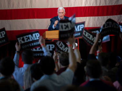 Former Vice President Mike Pence speaks at a campaign rally for Gov. Brian Kemp on May 23, 2022, in Kennesaw, Georgia.