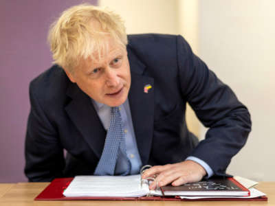 U.K. Prime Minister Boris Johnson during a visit to CityFibre Training Academy on May 27, 2022, in Stockton-on-Tees, England.