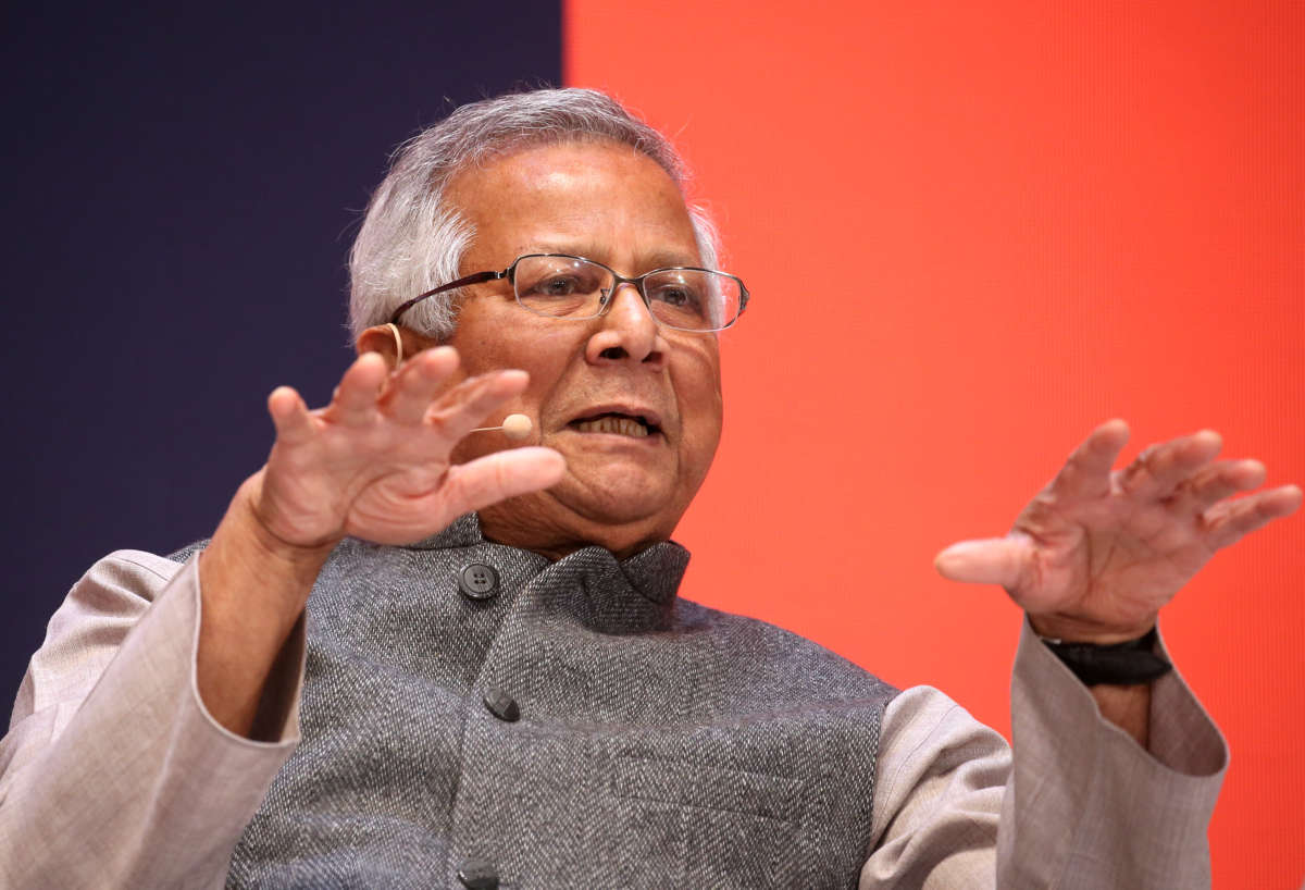 Muhammad Yunus, Nobel Peace Prize winner, speaks at a panel discussion at conference in Munich, Germany, on January 19, 2020.