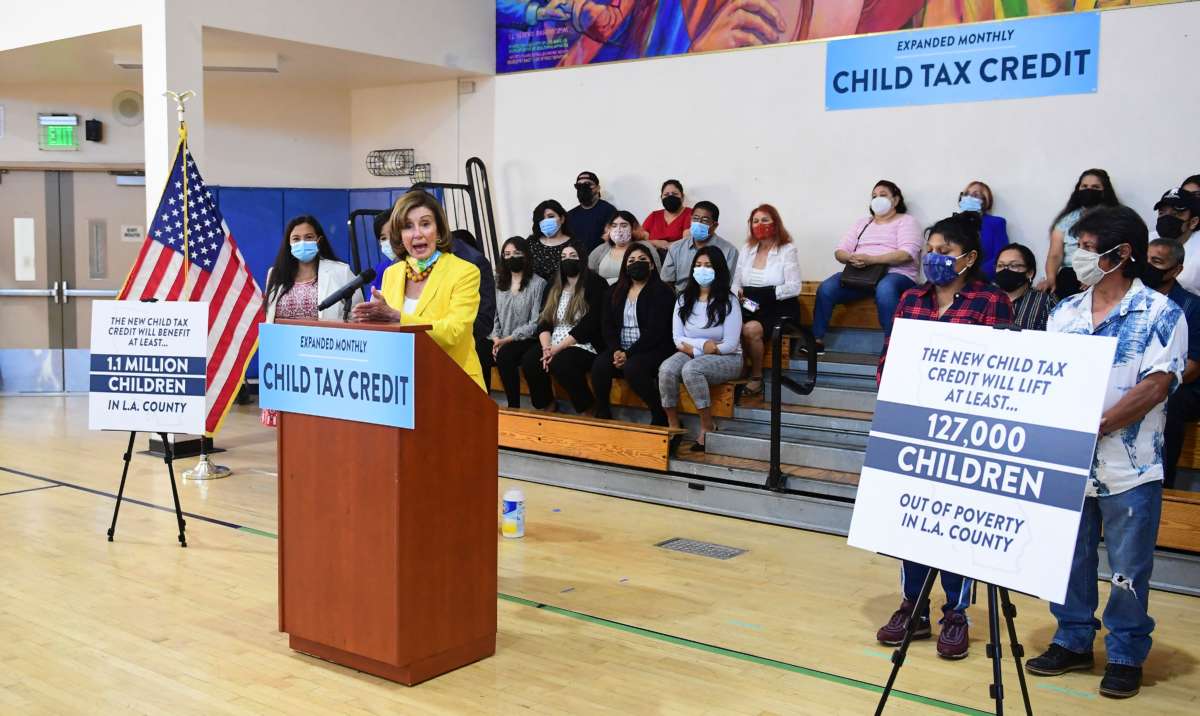 Speaker of the House Nancy Pelosi speaks at an event to raise awareness of the Child Tax Credit, in Los Angeles, California, on July 15, 2021.