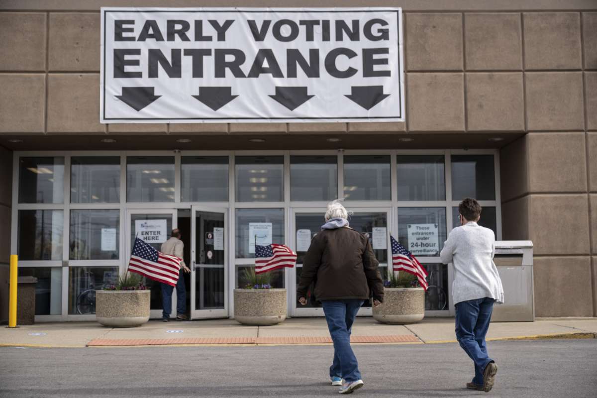 Voters arrives to cast their ballots early for the May 3 Primary Election at the Franklin County Board of Elections polling location on April 26, 2022, in Columbus, Ohio.