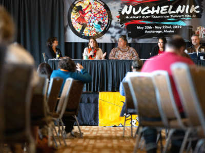 Panelists speak during a session of the 2022 Alaska Just Transition Summit: Vol II, which took place May 20-22, 2022, in Anchorage, Alaska.