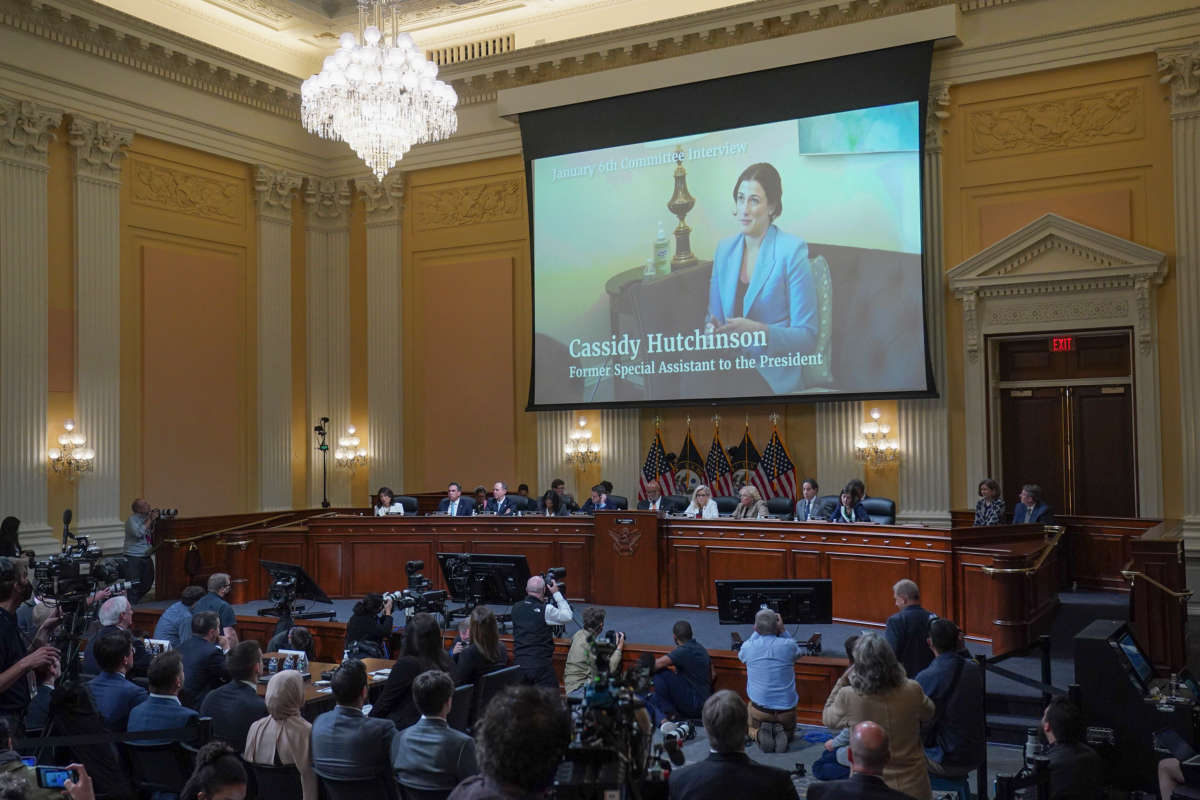 A video of former special assistant to the president Cassidy Hutchinson is shown on a screen during the fifth hearing held by the Select Committee to Investigate the January 6th Attack on the U.S. Capitol on June 23, 2022, in the Cannon House Office Building in Washington, D.C.