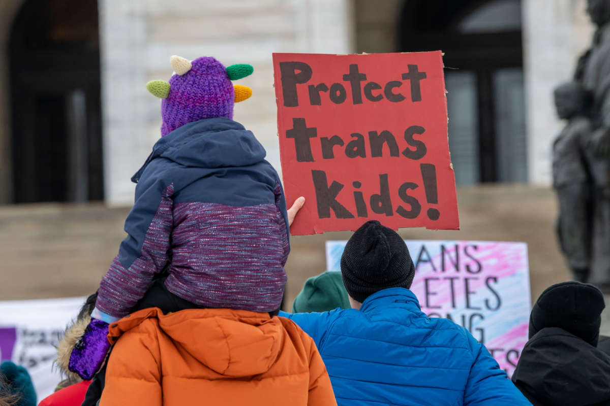 People demonstrate in support of transgender rights in St. Paul, Minnesota, on March 6, 2022.