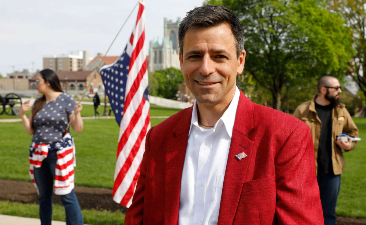 Ryan Kelley, Republication candidate for governor of Michigan, attends a Freedom Rally outside the Michigan State Capitol in Lansing, Michigan, on May 15, 2021.