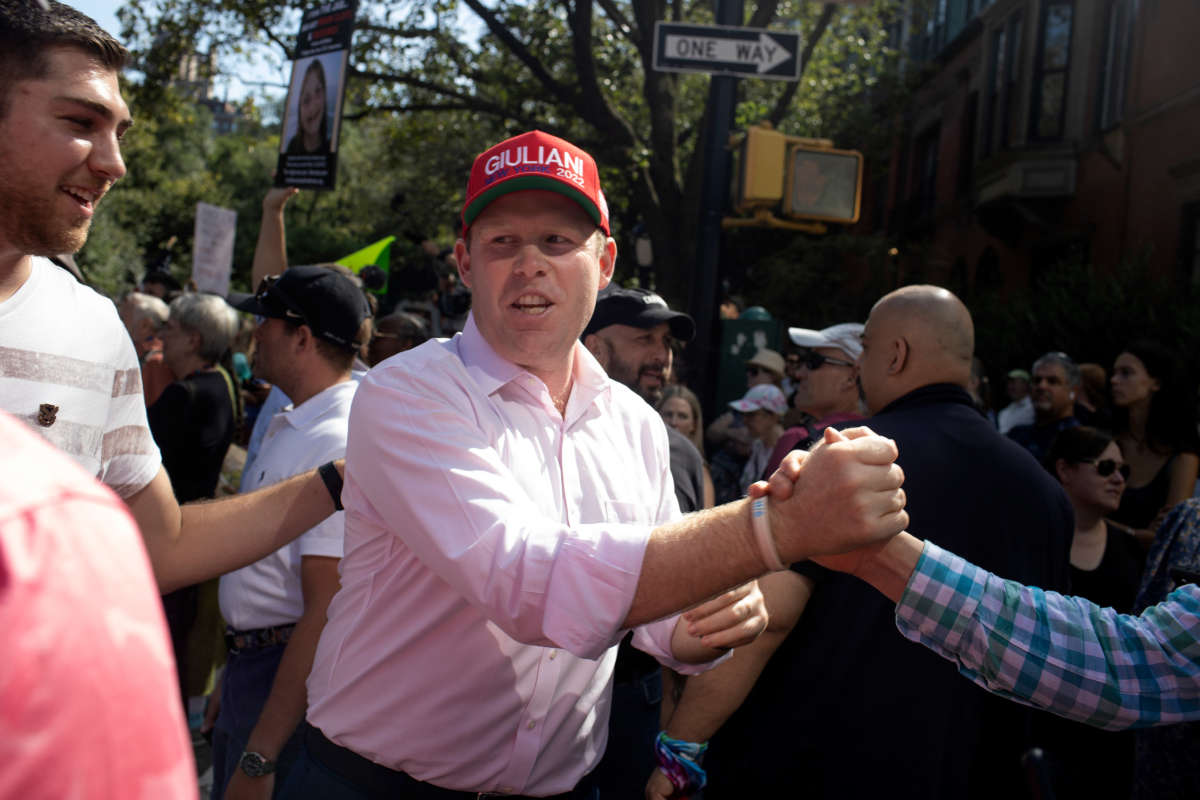 New York Republican gubernatorial candidate Andrew Giuliani joins a rally of people opposed to any and all COVID-19 vaccine and mask mandates from the government on August 15, 2021, outside of Gracie Mansion in New York City, New York.