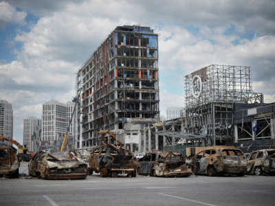Repair work gets underway at the Retroville shopping centre located in Kyiv, which was bombed in a Russian airstrike, on June 8, 2022, in Kyiv, Ukraine.