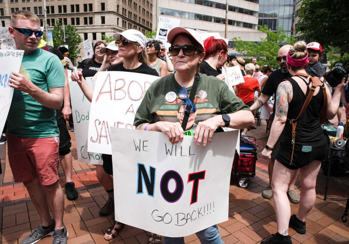 Protesters in support of abortion rights gather in Dayton, Ohio, on May 14, 2022.