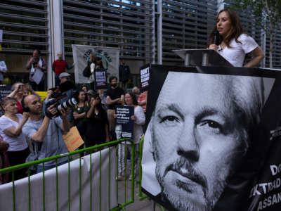 Stella Assange, wife of WikiLeaks founder Julian Assange, delivers a speech in front of the Home Office as protesters gather to Demand Julian Assange's immediate release on May 17, 2022, in London, England.