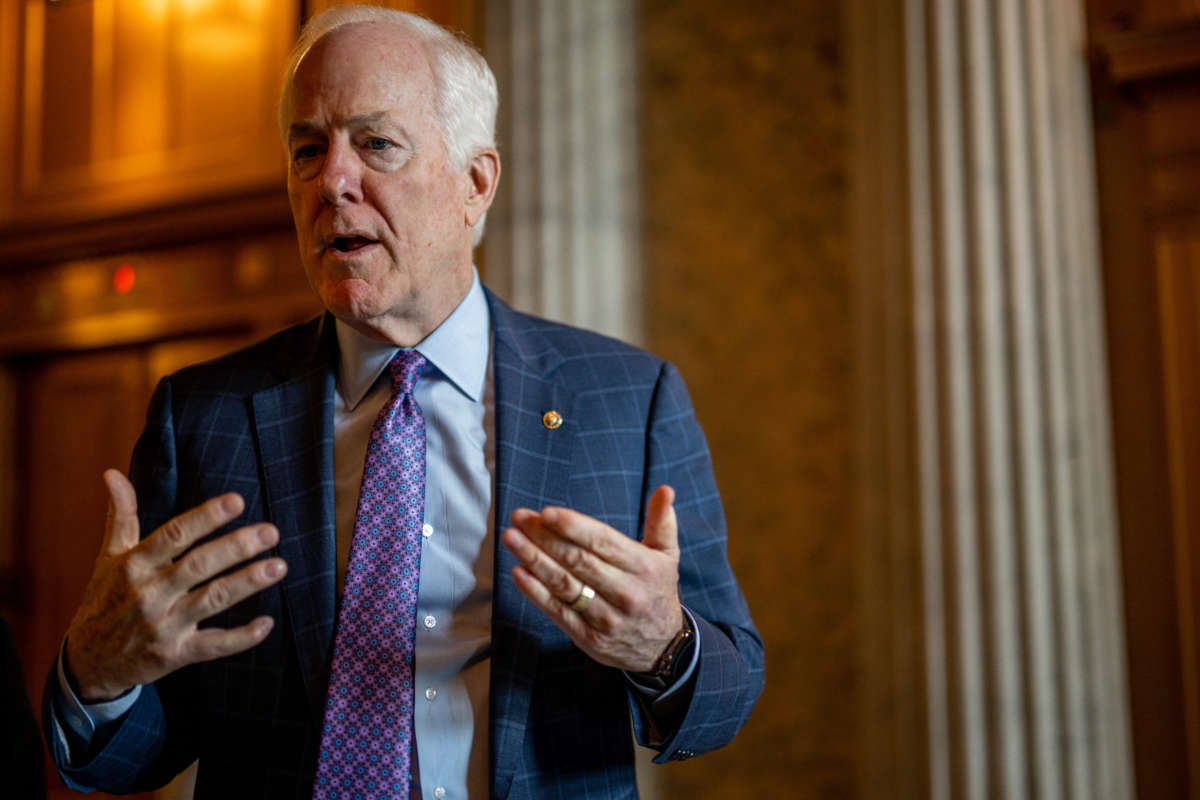 Sen. John Cornyn speaks to reporters ahead of a weekly Republican luncheon on Capitol Hill on June 22, 2022, in Washington, D.C.