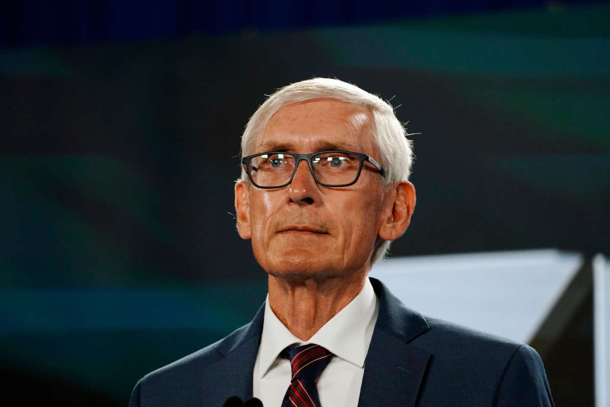 Wisconsin Gov. Tony Evers awaits to address the virtual Democratic National Convention, at the Wisconsin Center on August 19, 2020, in Milwaukee, Wisconsin.