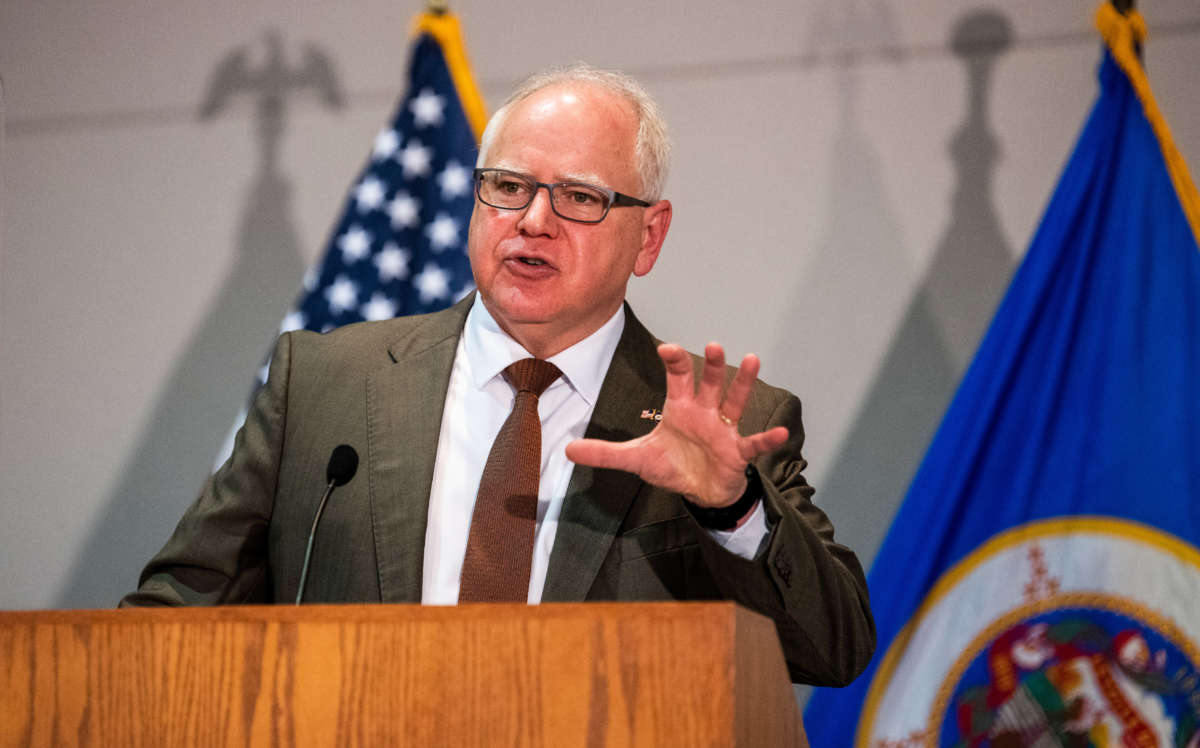 Minnesota Governor Tim Walz speaks during a press conference on April 19, 2021, in St. Paul, Minnesota.