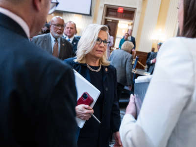 Vice chair Rep. Liz Cheney greets Cassidy Hutchinson, an aide to former White House Chief of Staff Mark Meadows, after she testified during the Select Committee to Investigate the January 6th Attack on the United States Capitol hearing to present previously unseen material and hear witness testimony in Cannon Building, on June 28, 2022.