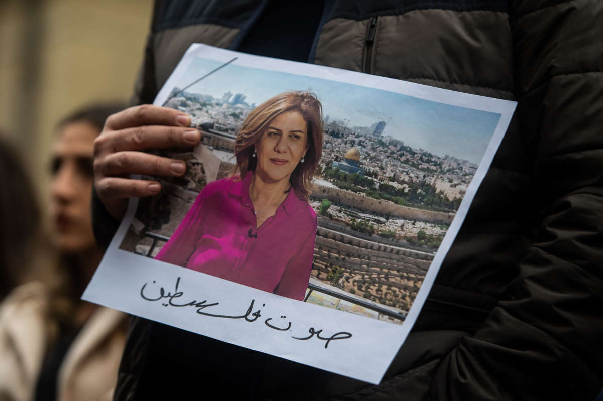 Tributes are paid to murdered Palestinian journalist Shireen Abu Akleh at a protest and vigil at BBC Broadcasting House on May 12, 2022, in London, England.