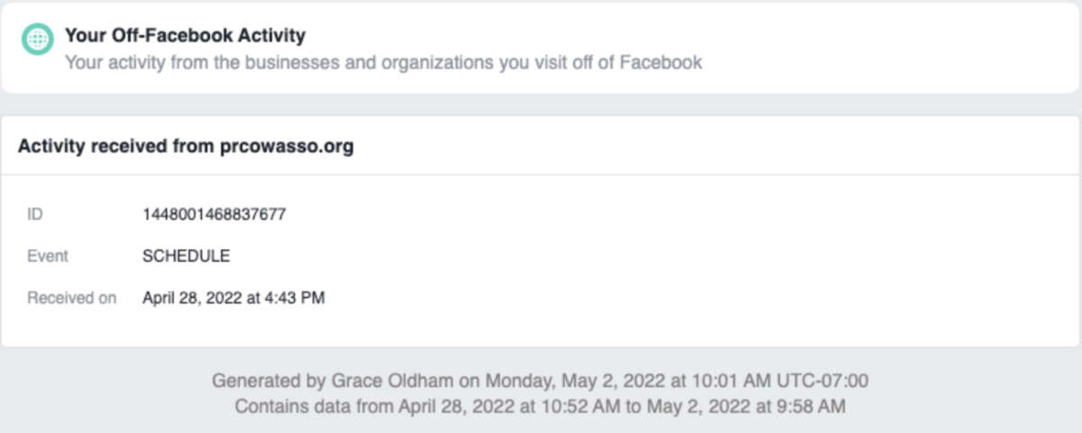 Using Meta’s Privacy Center, we found that Facebook captured Reveal reporter Grace Oldham requesting an appointment at the Pregnancy Resource Center of Owasso in Oklahoma.