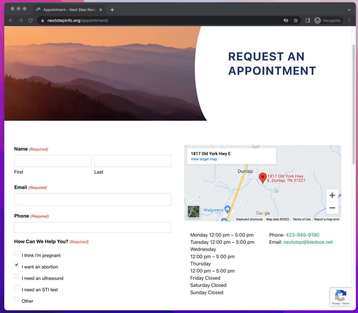 An appointment request form on the website of Next Steps Resources, a crisis pregnancy center in Dunlap, Tennessee.
