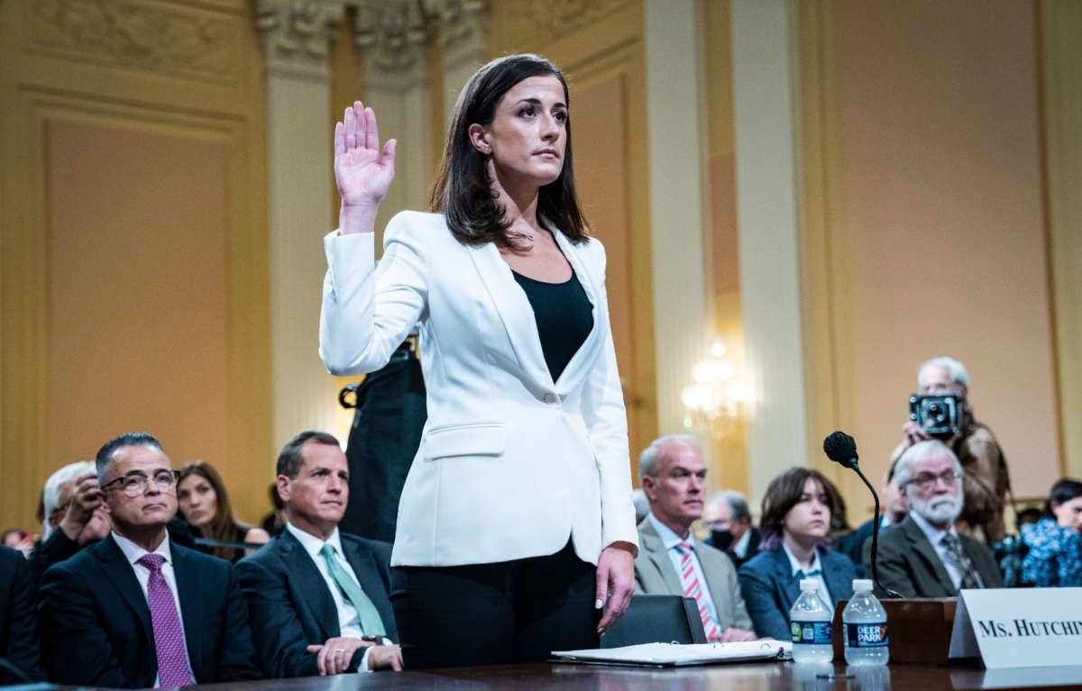 Cassidy Hutchinson, former aide to Trump White House chief of staff Mark Meadows, is sworn in to testify during a hearing as the House select committee investigating the January 6 attack on the U.S. Capitol continues to share findings of its investigation, on Capitol Hill on June 28, 2022, in Washington, D.C.