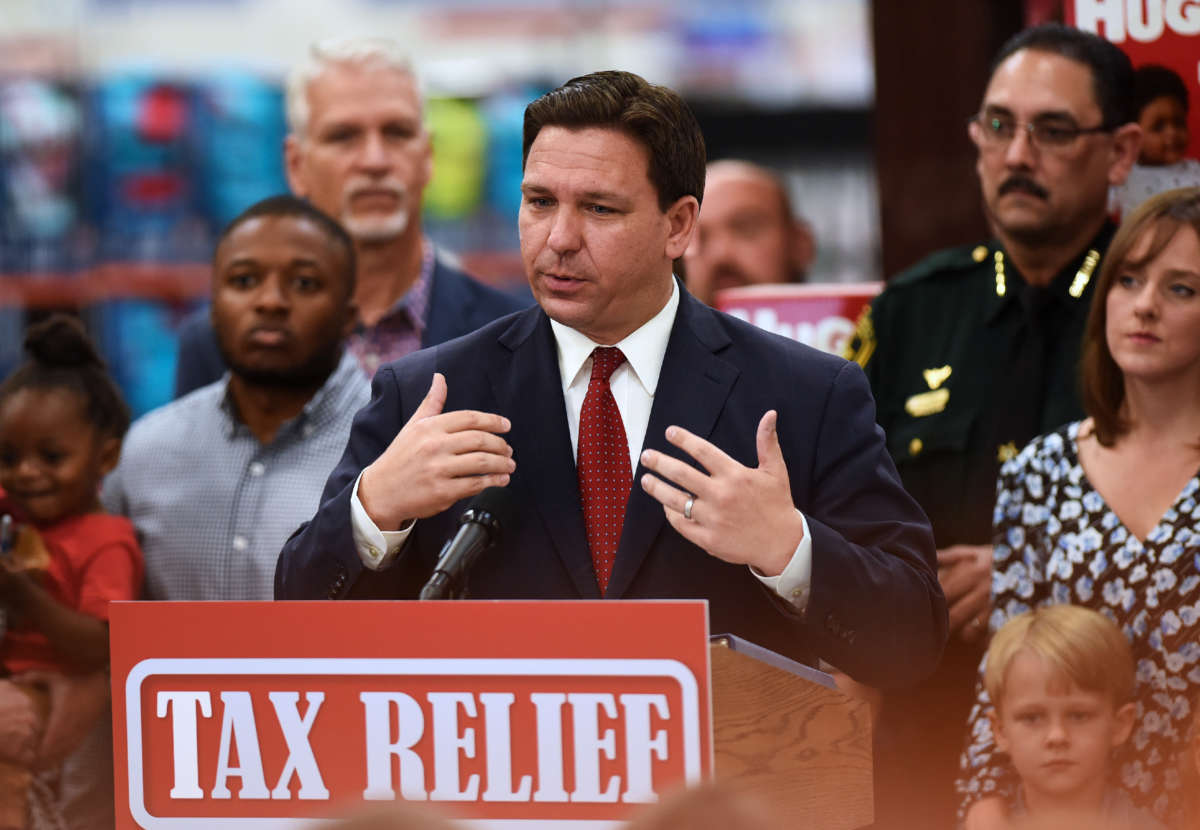 Florida Gov. Ron DeSantis speaks at a press conference at a Sam's Club store in Ocala, Florida.