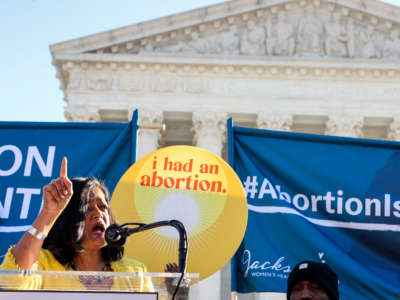 Rep. Pramila Jayapal speaks during a demonstration in front of the U.S. Supreme Court on December 1, 2021, in Washington, D.C.