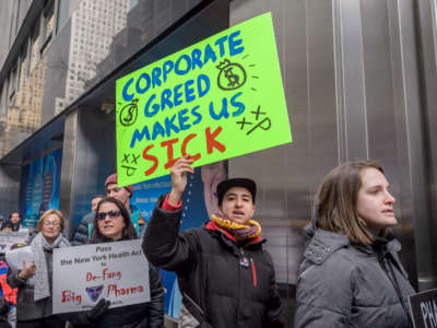 Medical professionals, medical students, ACTUP New York and their supporters rally outside Pfizer World Headquarters in New York on March 3, 2019.