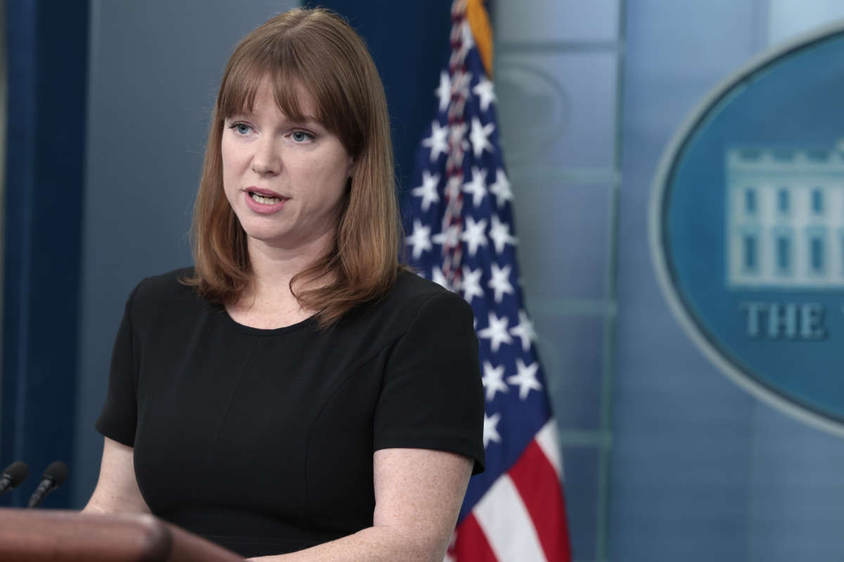 White House Communications Director Kate Bedingfield delivers remarks during a daily press briefing at the White House on March 31, 2022, in Washington, D.C.