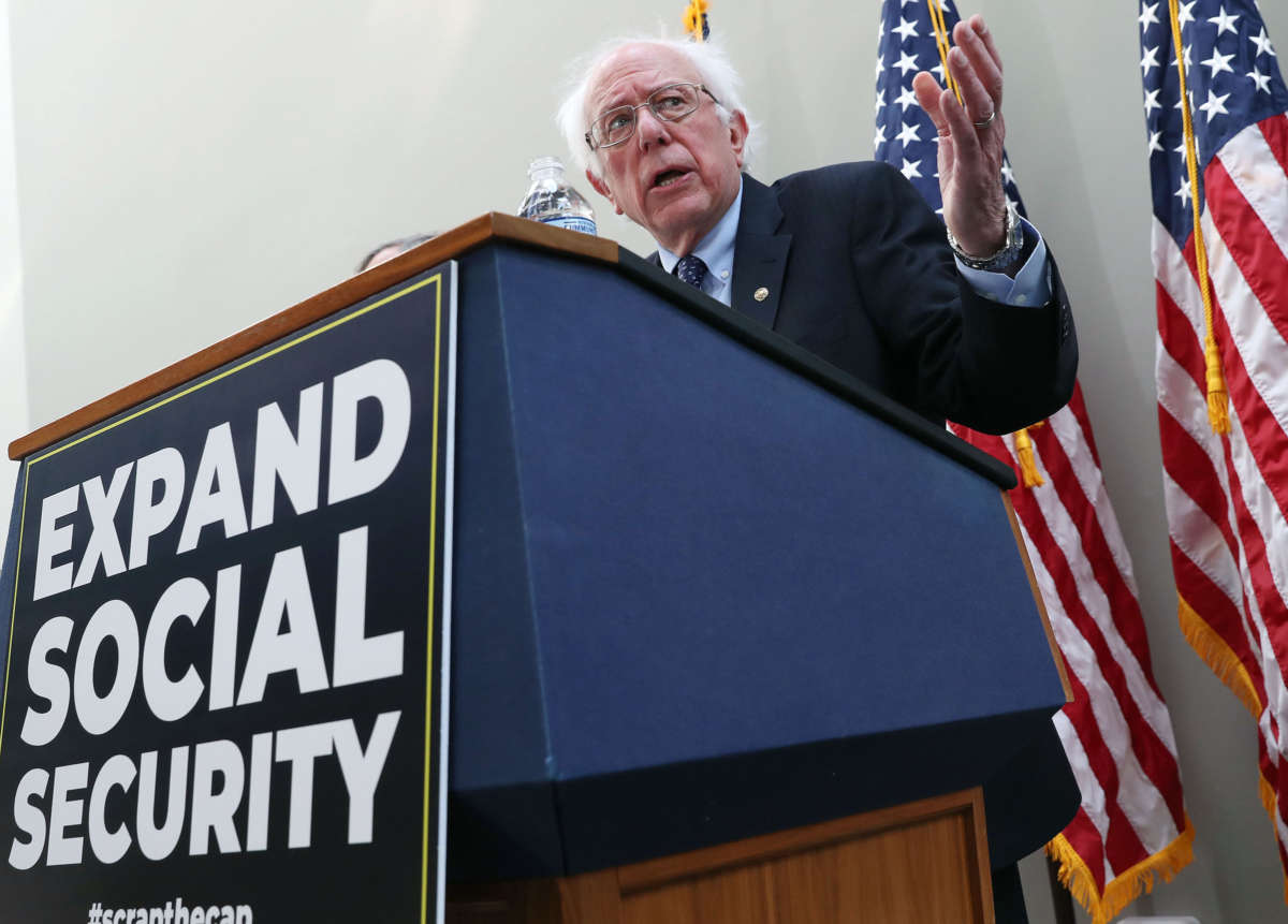 Sen. Bernie Sanders (I-Vermont) speaks during a news conference to announce legislation to expand Social Security, on Capitol Hill February 13, 2019 in Washington, D.C.