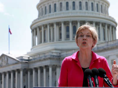 Sen. Elizabeth Warren (D-MA) speaks during a press conference on abortion rights outside the U.S. Capitol building on June 15, 2022 in Washington, D.C.