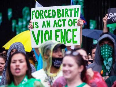 A person holds a sign reading "FORCED BIRTH IS AN ACT OF VIOLENCE" during an outdoor protest